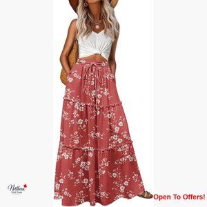 Polyester Maxi Skirt with Pockets, Elastic Waist, A-Line Style